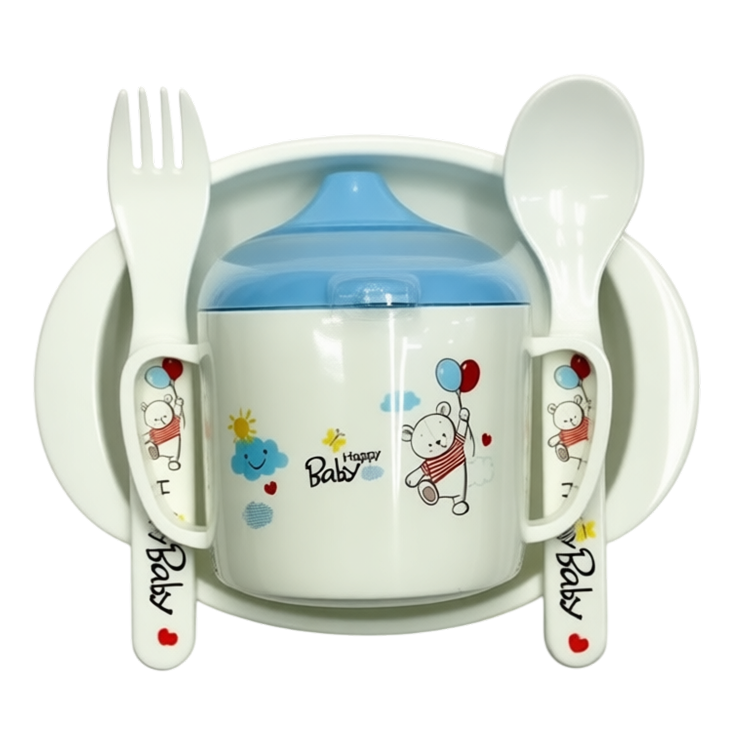 Набор посуды (терелочка, поильник, ложка и вилка)/голубая