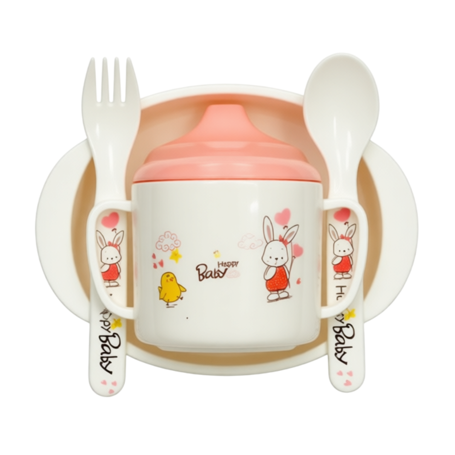 Набор посуды (терелочка, поильник, ложка и вилка)/розовая